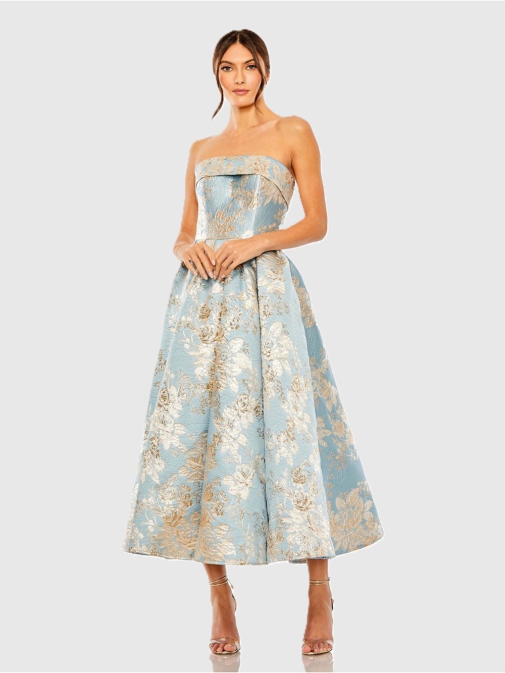 Mac Duggal 20726 Light Blue Strapless Brocade Midi Dress With Pockets Size 6 NEW